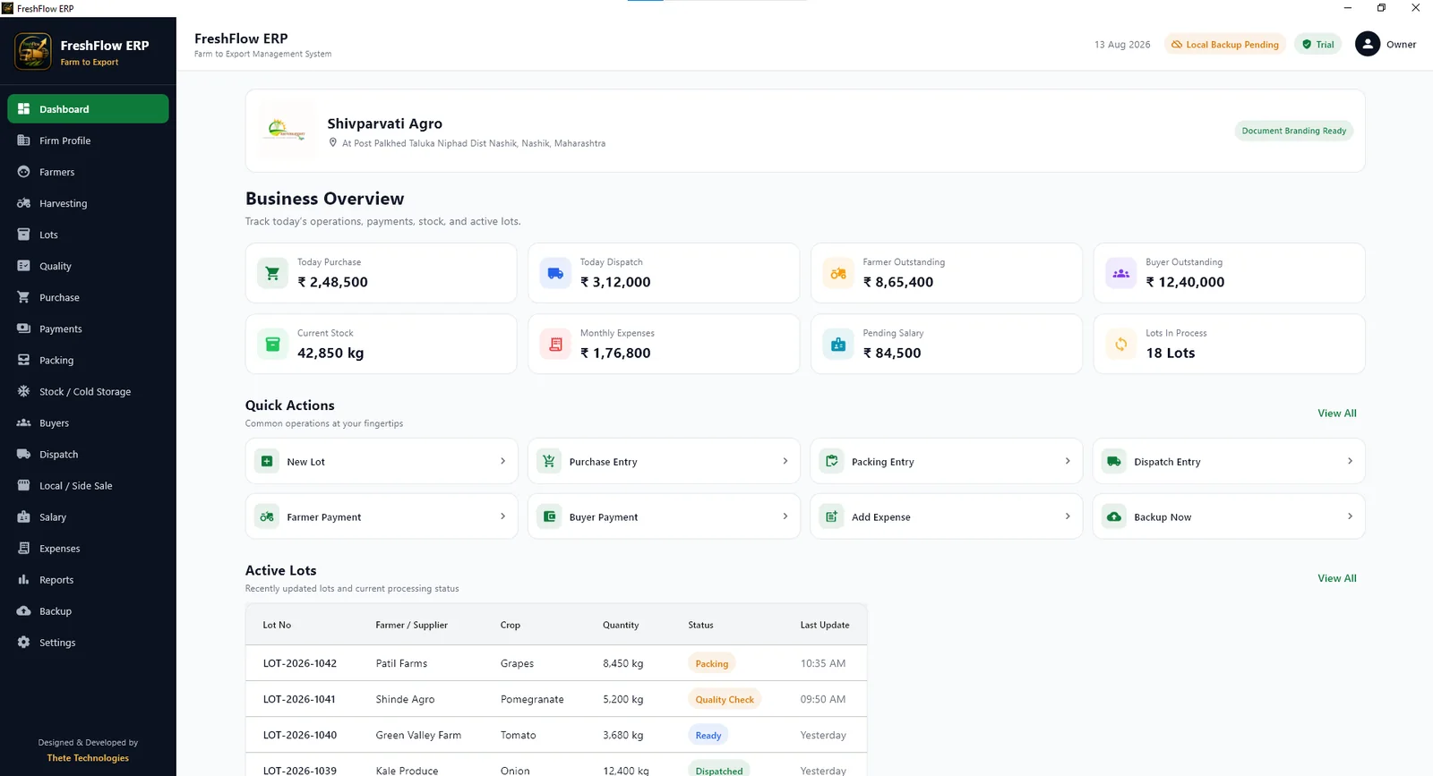 FreshFlow ERP web dashboard with business overview and active lots