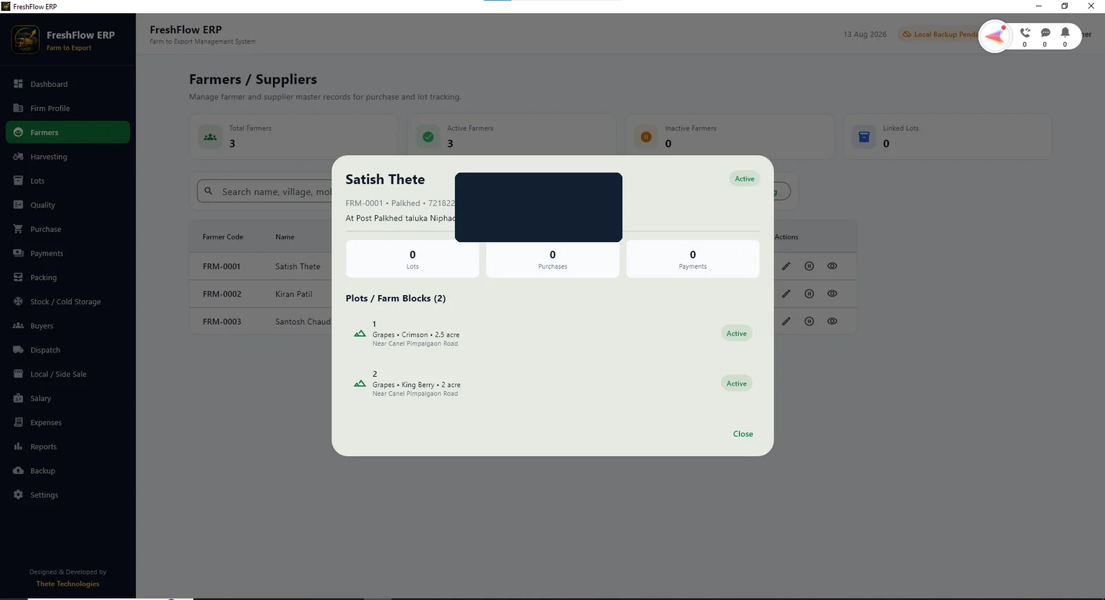 FreshFlow ERP farmer detail with linked farm plots