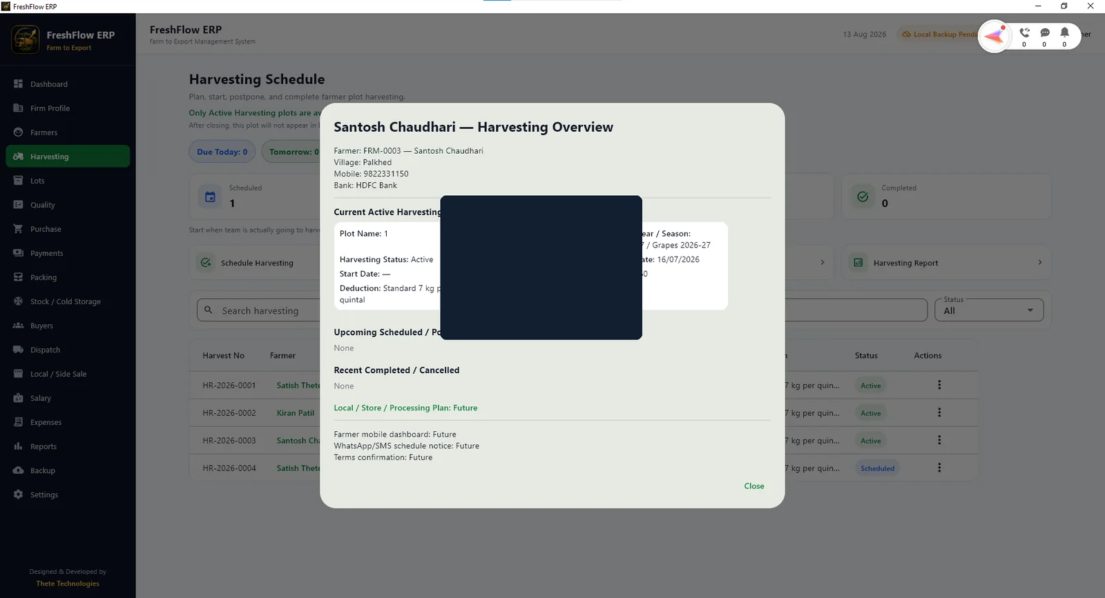 FreshFlow ERP harvesting overview dialog