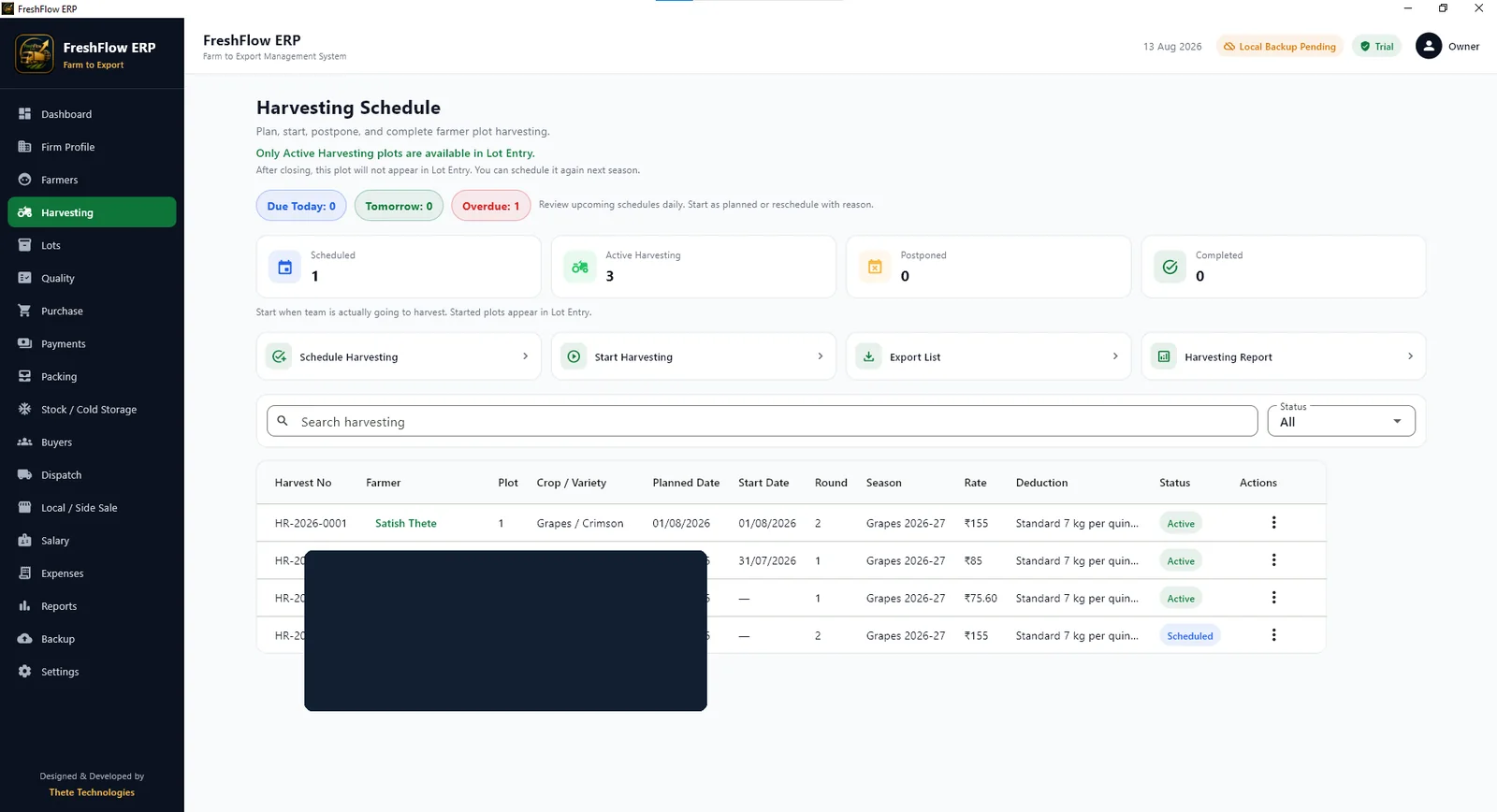 FreshFlow ERP harvesting schedule and status table