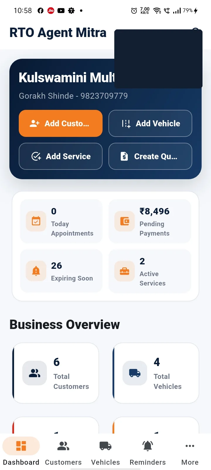 RTO Mitra business dashboard with appointments and payment summary