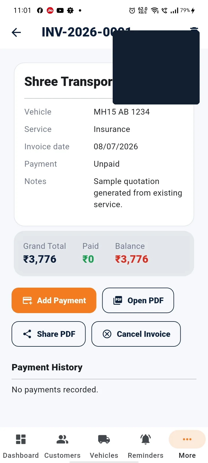 RTO Mitra invoice detail with payment status