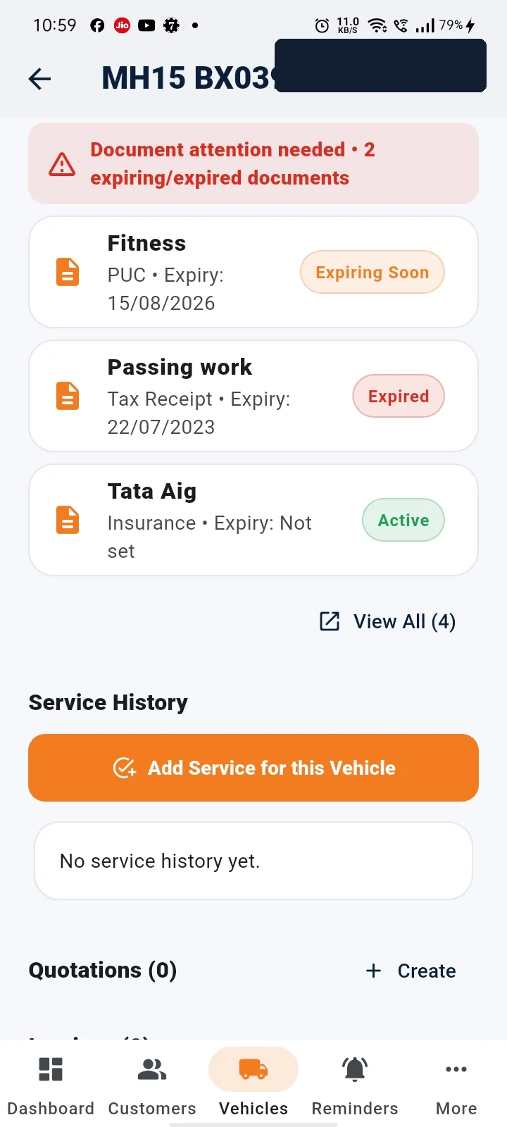 RTO Mitra vehicle detail with document status and service history