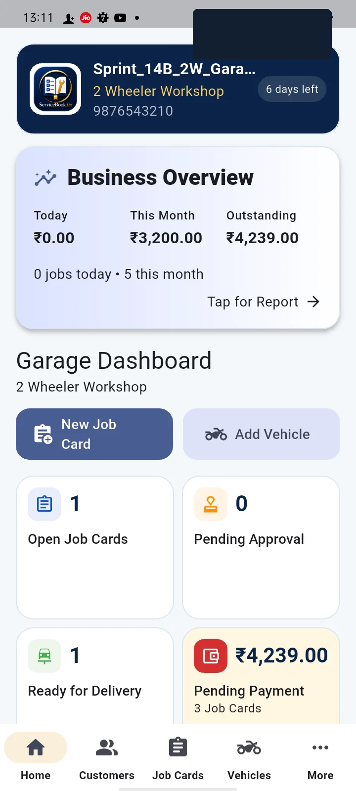 ServiceBook Lite garage dashboard with jobs and pending payments