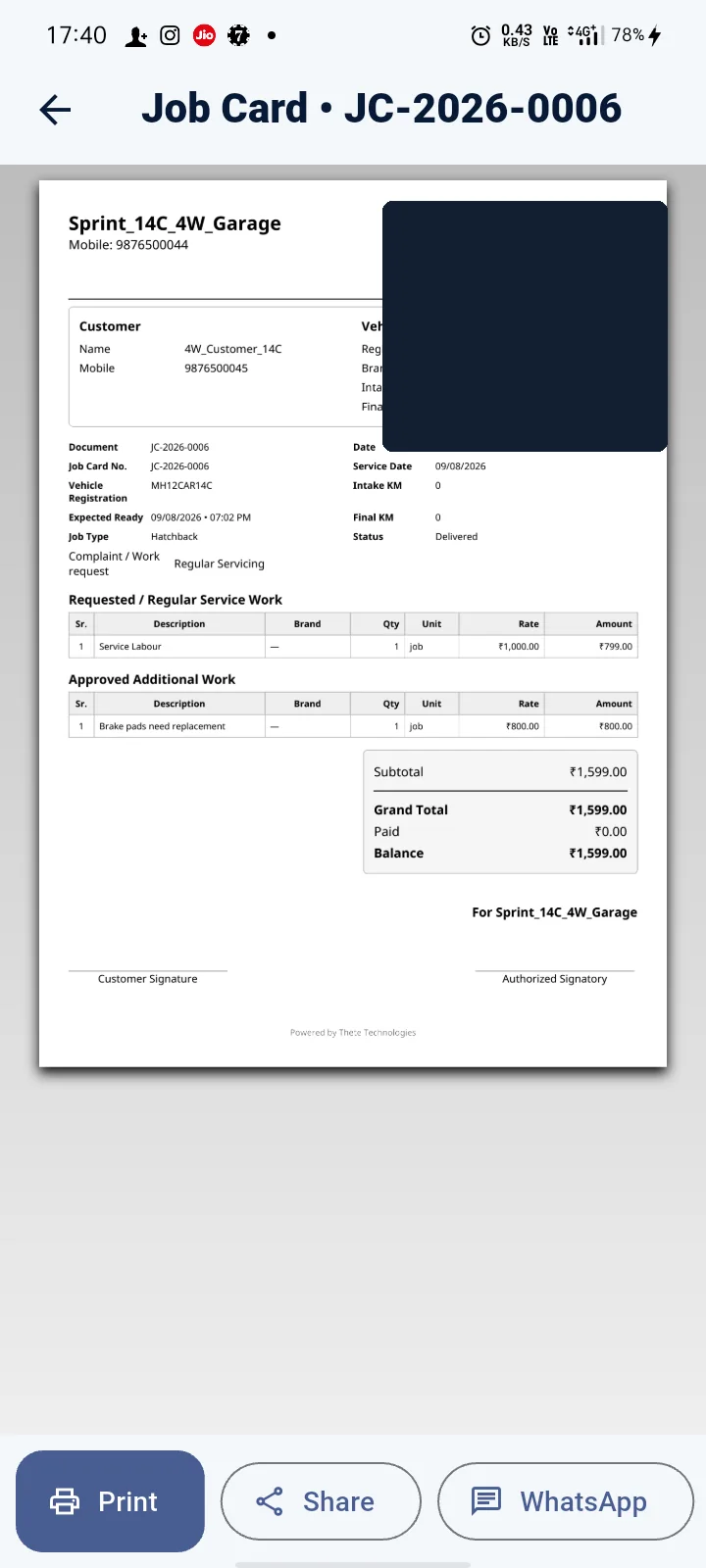 ServiceBook Lite job card preview with service line items