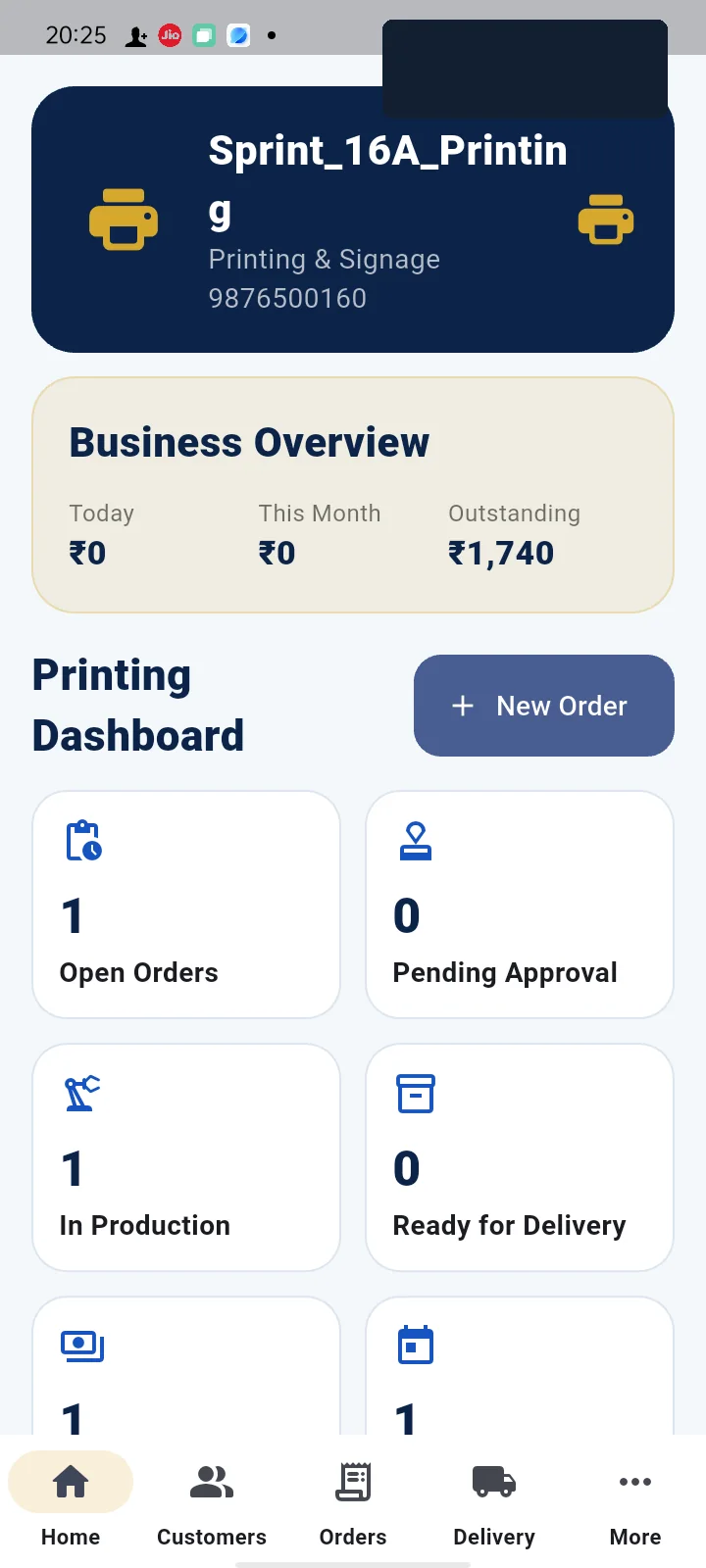 ServiceBook Lite printing dashboard with order stages