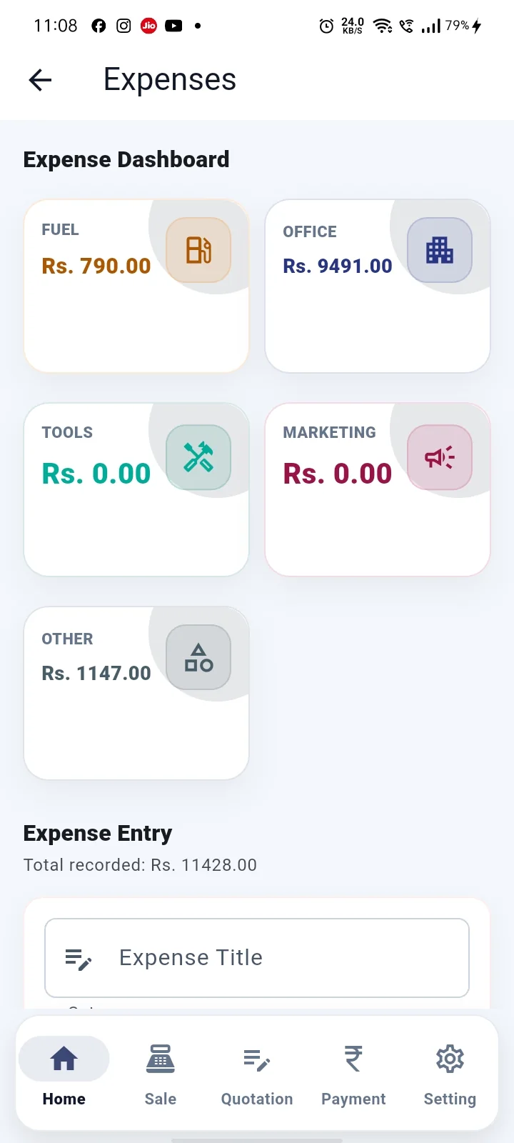 TradeNest ERP expense dashboard grouped by category